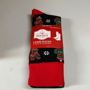 Holiday Time Christmas Socks 2-Pair Teddy Bear Red Black Shoe Size 6-12 NWT